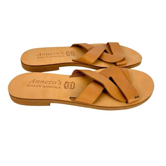 Annezo’s NEW Tan Leather Open Toe Cross Strap Slide On Neutral Greek Sandals - Picture 4 of 11